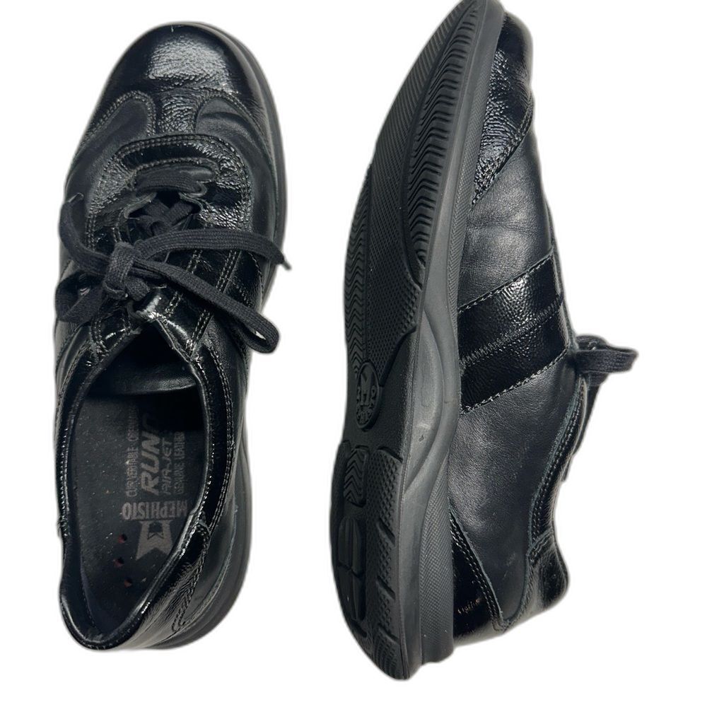 Mephisto Black Leather & Patent Lace Up Sneakers, Women's 7.5 Casual Comfortable